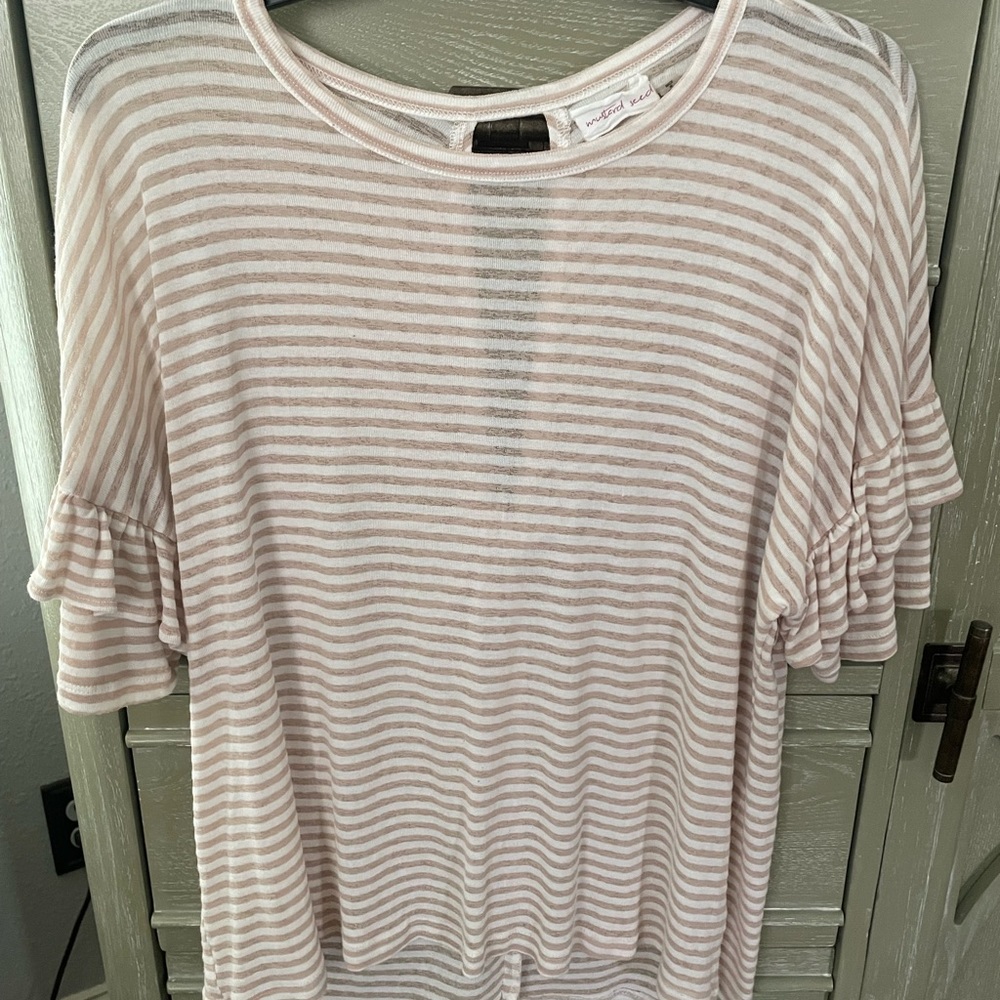 Sheer cream and tan striped short sleeve top